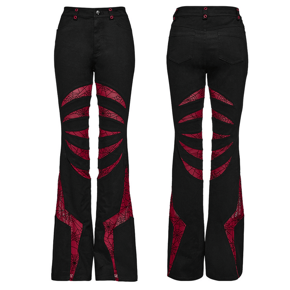 Stretch Gothic Flared Pants with Spiderweb Red Mesh