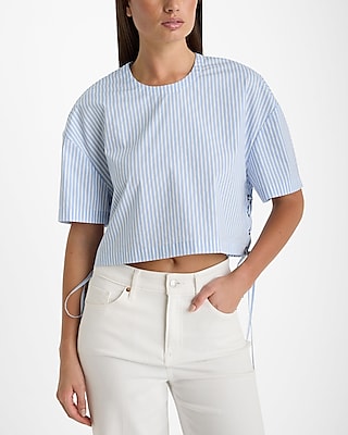 Striped Crew Neck Lace Up Tie Crop Top