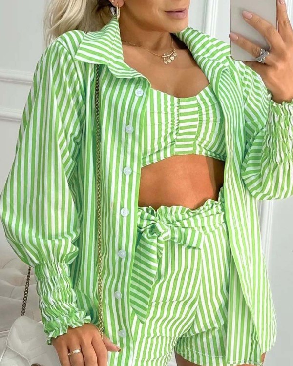 Striped Crop Top & Tied Detail Shorts Set With Frill Hem Gigot Sleeve Coat