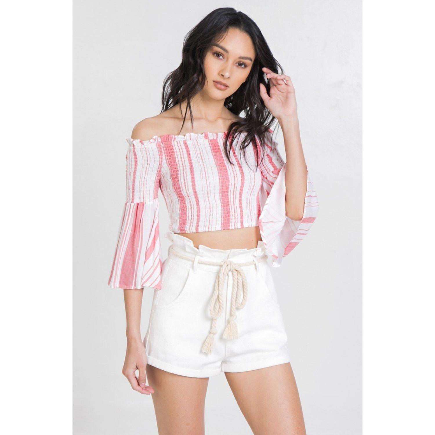 Striped Off-the-shoulder Gauze Crop Top