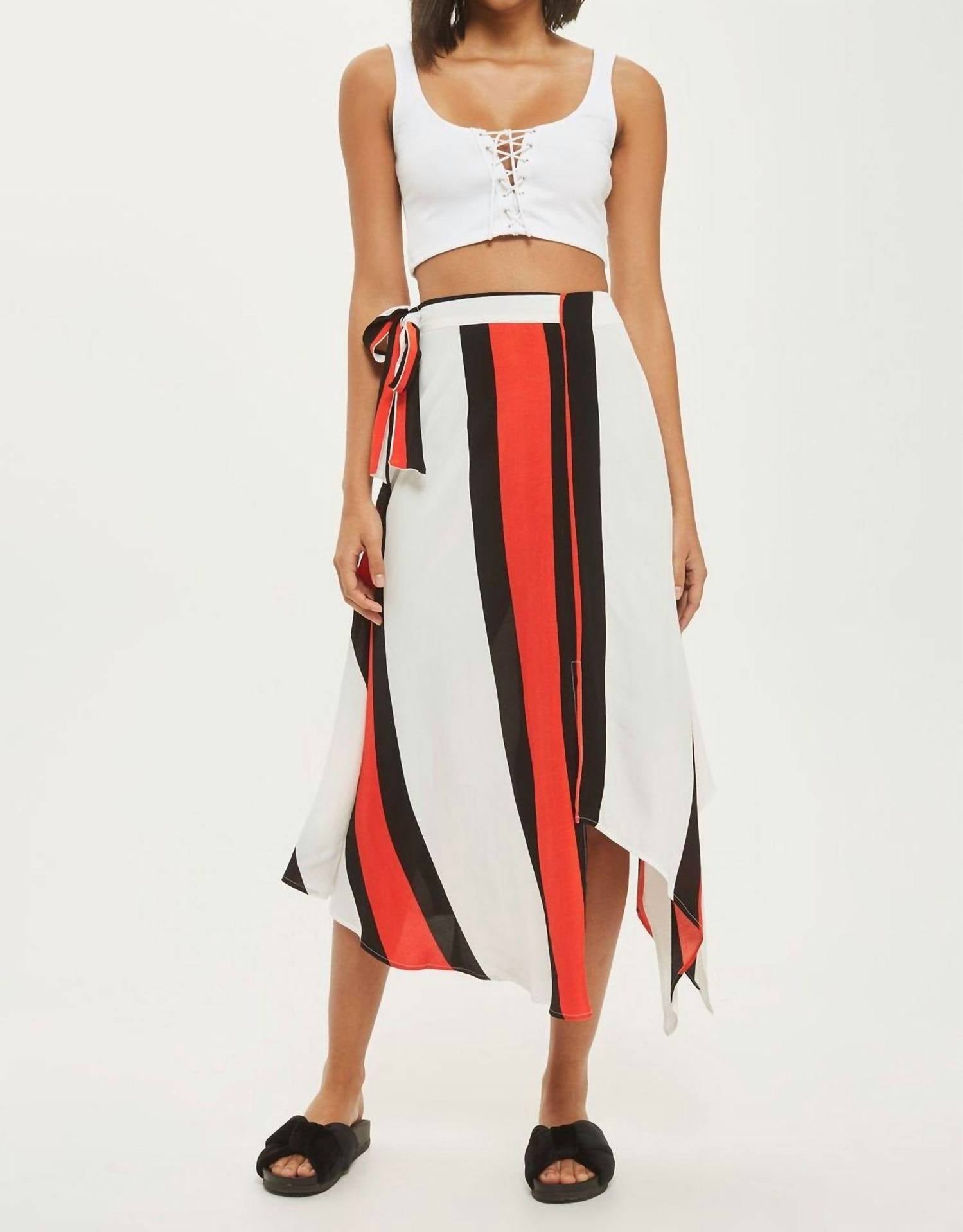 Striped Tie Waist Asymmetrical Midi Skirt In Multicolor