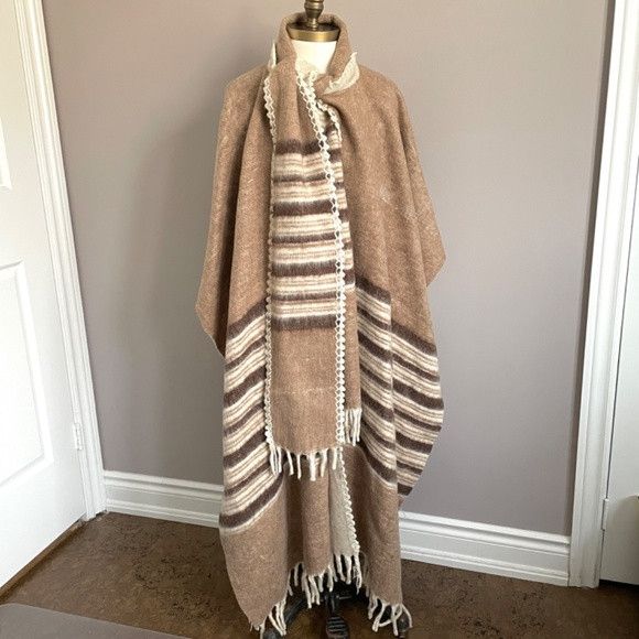 Striped Wool Fringed Blanket Cape Scarf Coat - Reversible in Tan/White, Women's