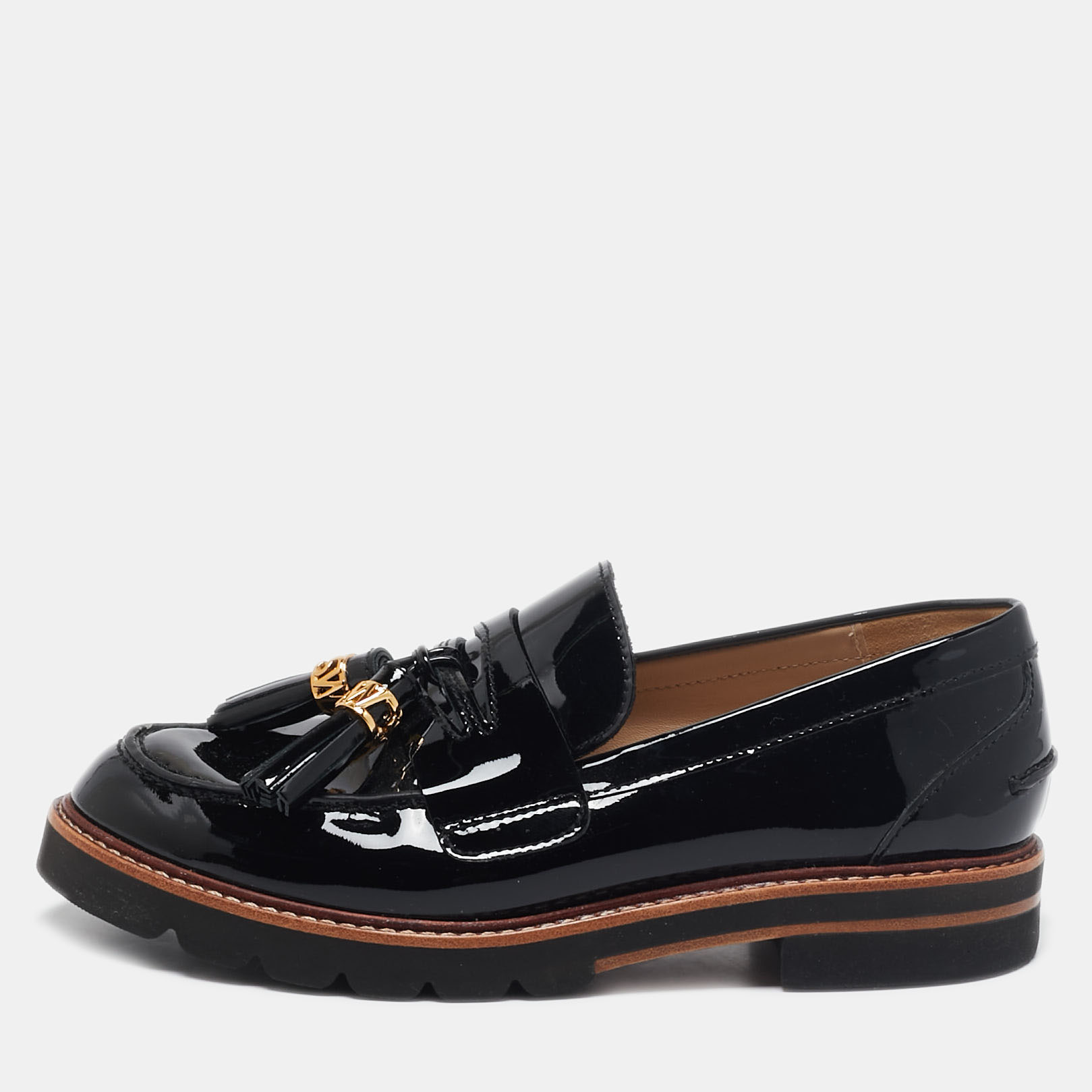 Stuart Weitzman Black Patent Leather Tassels Detailed Loafers Size 37