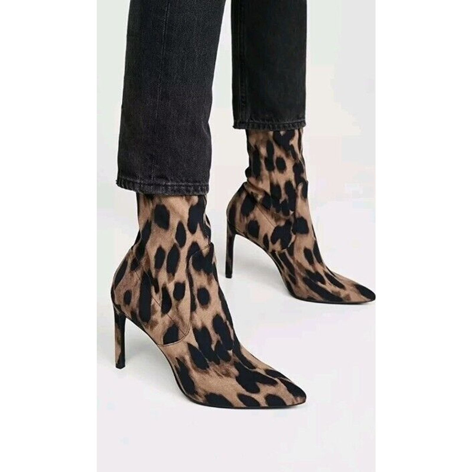 Stuart Weitzman Boots Ankle Leopard Stretch Sock Size 9 in Brown, Women's