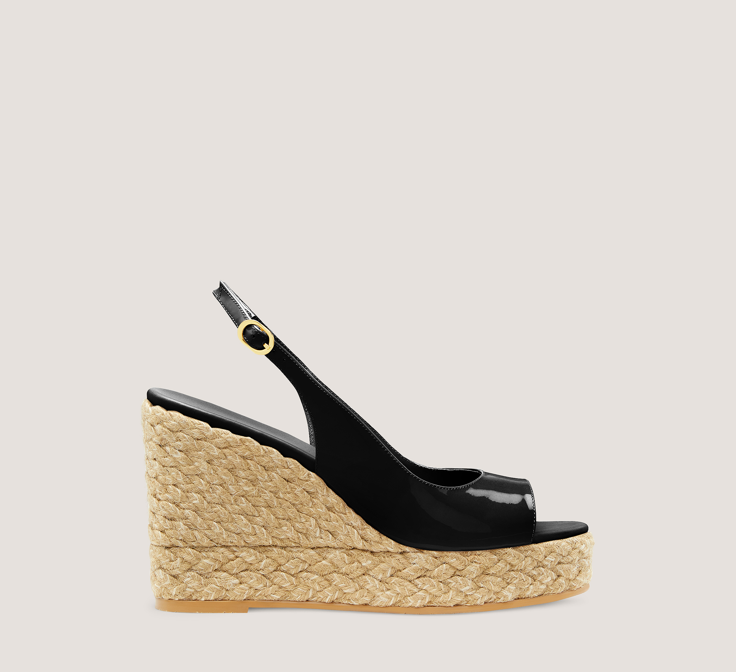 Stuart Weitzman Island Peep-Toe Espadrille Wedge , Black & Natural Patent Leather/Jute, Size: 7.5 Medium