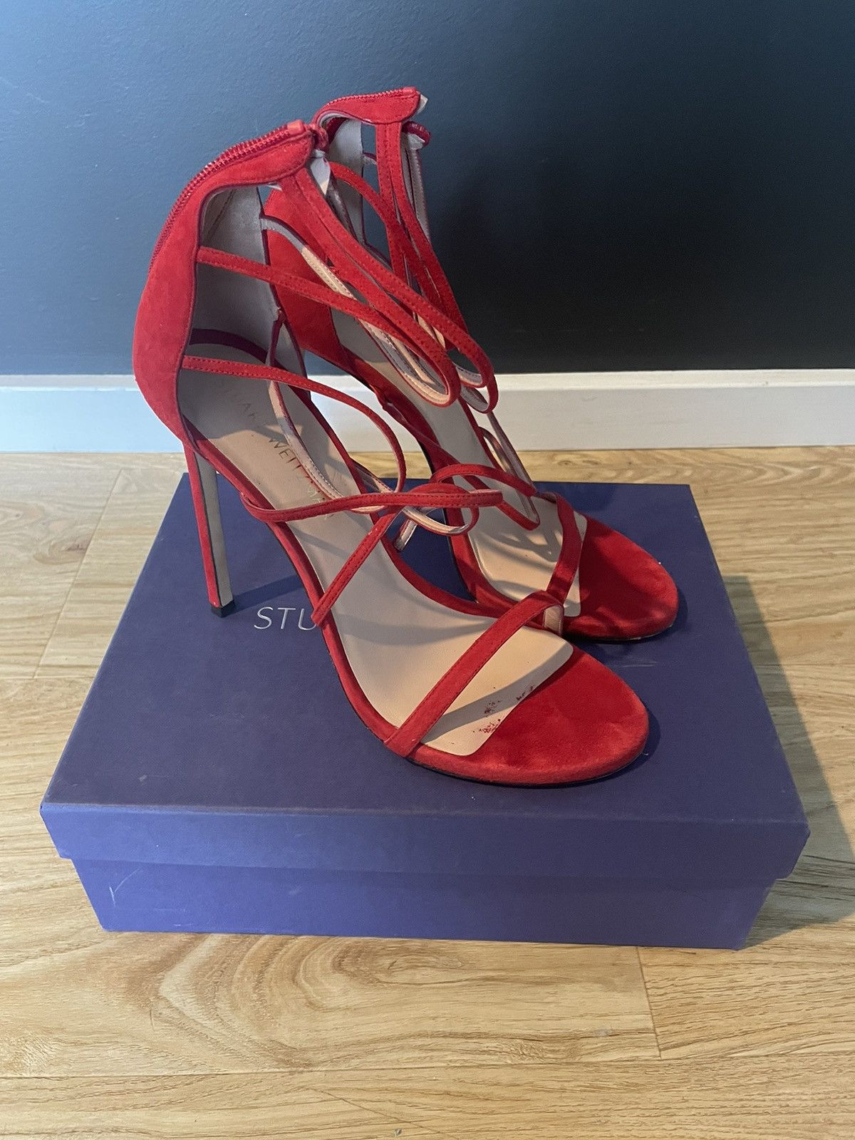 Stuart Weitzman Red Suede Strappey Stilettos 4Inch Heel Shoes, Women's (Size 11)