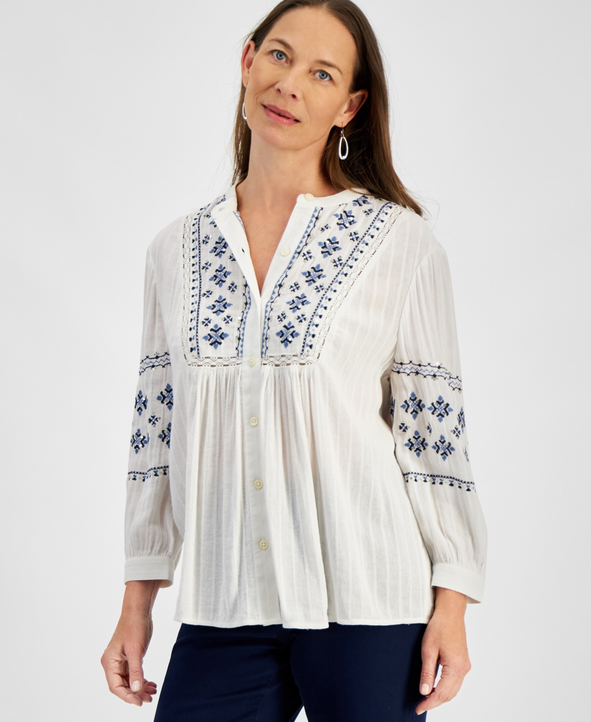 Style & Co Petite Embroidered Button-Front Long-Sleeve Top, Created for Macy's - Emb Shitak