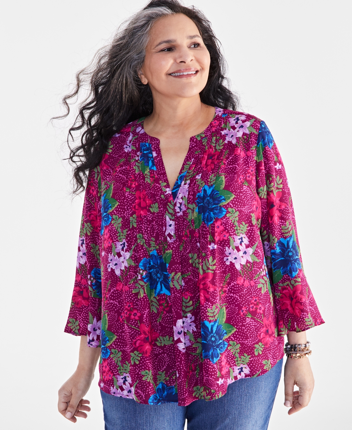 Style & Co Plus Size Printed Pintuck Blouse, Created for Macy's - Pastel Purple