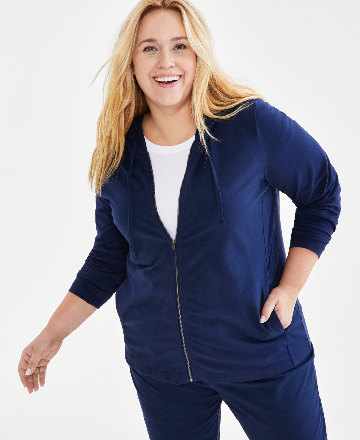 Style & Co Plus Size Zip-Up Hooded Sweatshirt, Created for Macy's - Industrial Blue