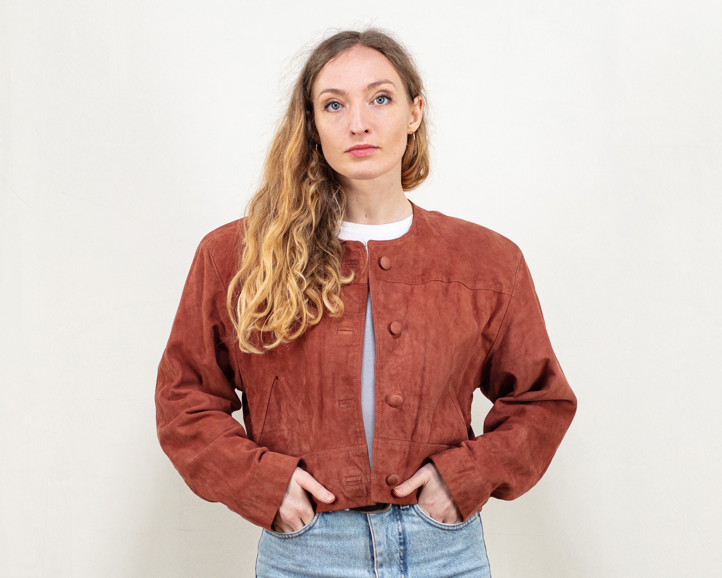 Suede Jacket Women Vintage Brown Suede Leather Cropped Blazer Jacket Padded Shoulders 80S Clothing Size Small