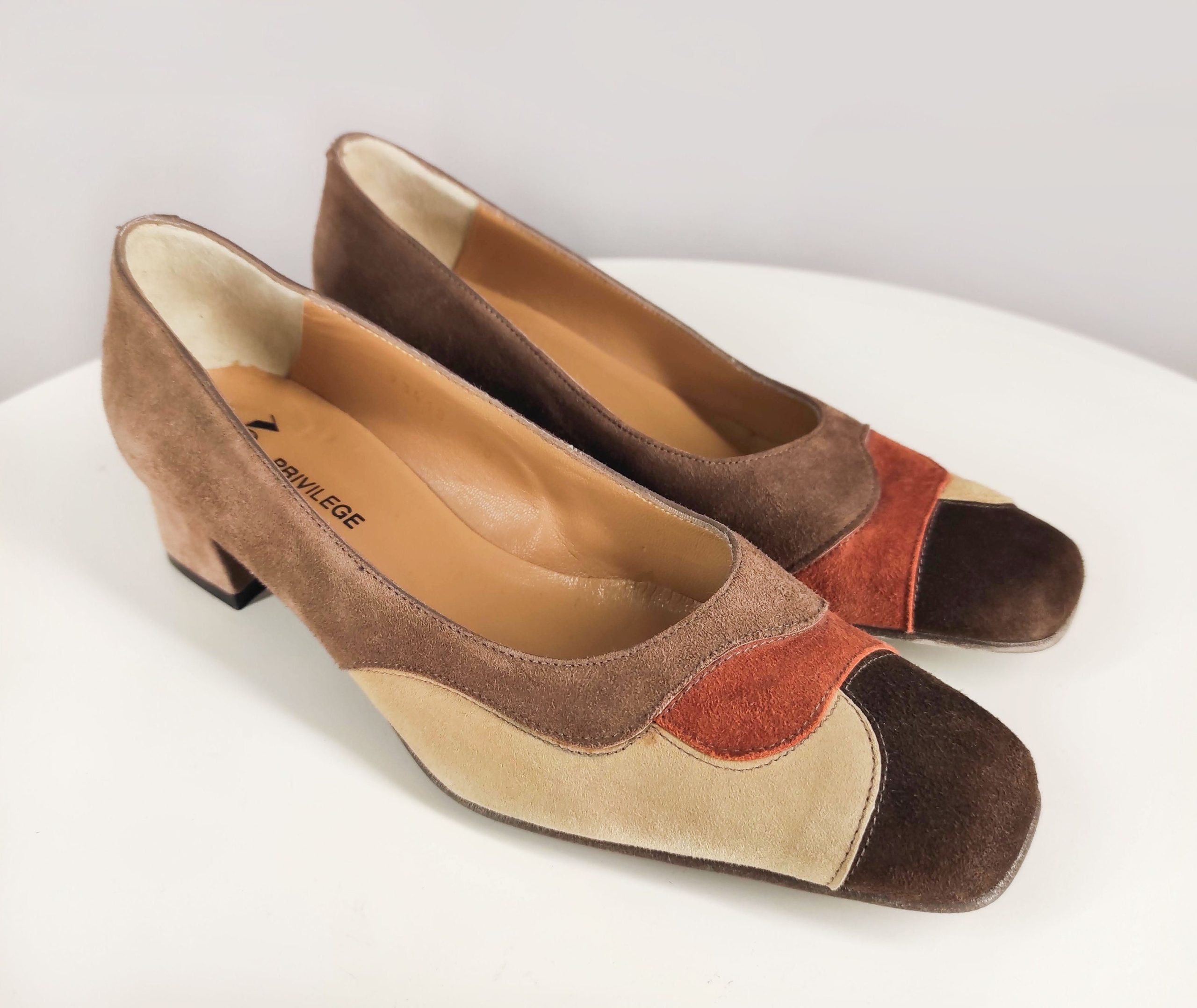 Suede Leather Vintage Court Shoes, Women's Pumps With Block Heel, Patchwork Shoes