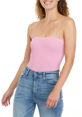 Sugar Rain High-End Textured Square Neck Bodysuit, Pink, S-M