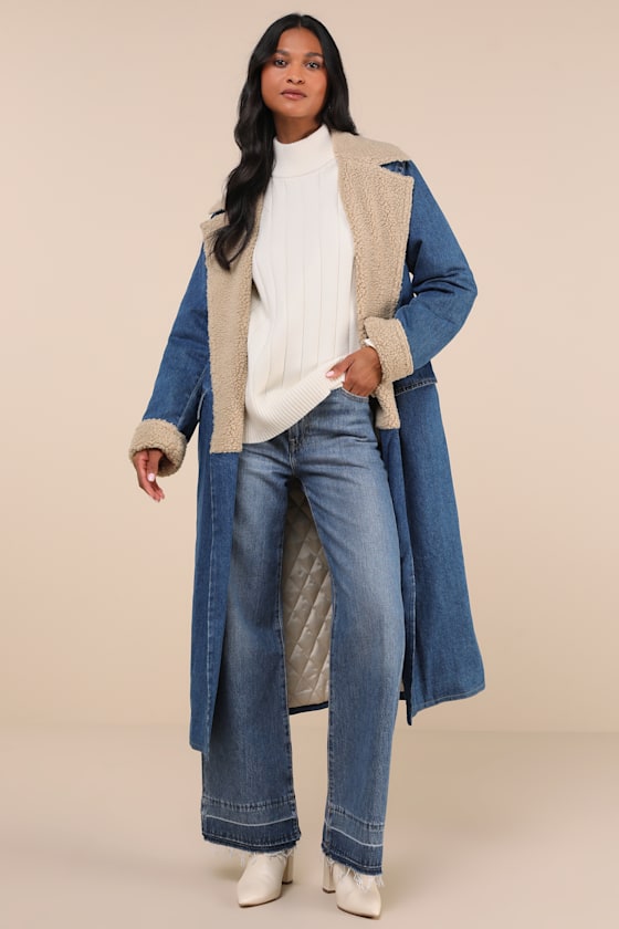 Superb Statement Medium Wash Denim Shearling Trench Coat