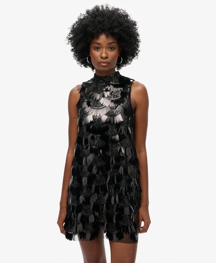 Superdry Women's A-Line Fringe Sequin Dress Black Size: 10