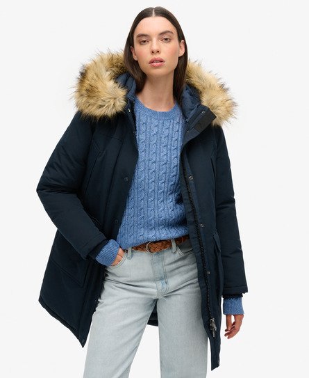 Superdry Women's Everest Faux Fur Parka Coat Navy Size: 4