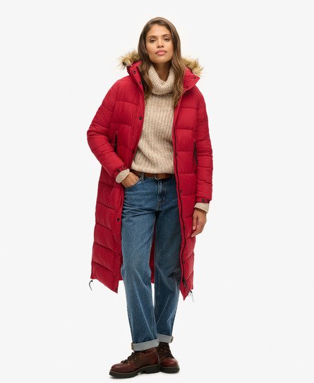 Superdry Women's Faux Fur Hooded Longline Puffer Coat Red Size: 6