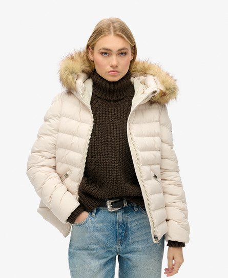 Superdry Women's Fuji Faux Fur Hooded Padded Jacket Beige Size: 2