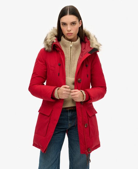 Superdry Women's Hooded Faux Fur Down Parka Coat Red Size: 6