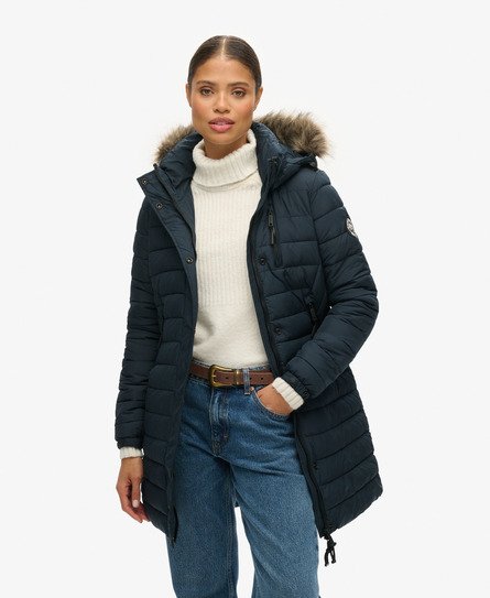 Superdry Women's Women's Faux Fur Hooded Mid Length Puffer Jacket Navy / Eclipse Navy - Size: 8 Size: 4