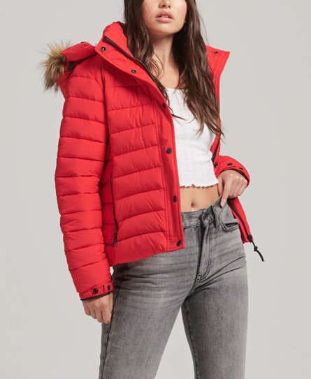 Superdry Women's Women's Faux Fur Short Hooded Puffer Jacket Red / High Risk Red - Size: 8 Size: 4