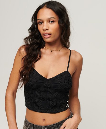 Superdry Women's Women's Floral Embroidered Corset Top Black / Jet Black - Size: 14 Size: 10