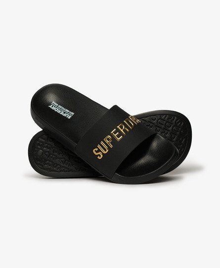 Superdry Women's Women's Vegan Logo Pool Sliders Black / Black/Metallic Gold - Size: 7-8