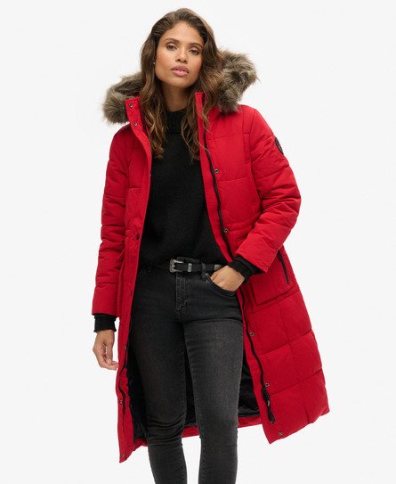 Superdry Women's Women's Women's Fully Lined Quilted Everest Longline Puffer Coat, Red, Size: 8 Size: 4