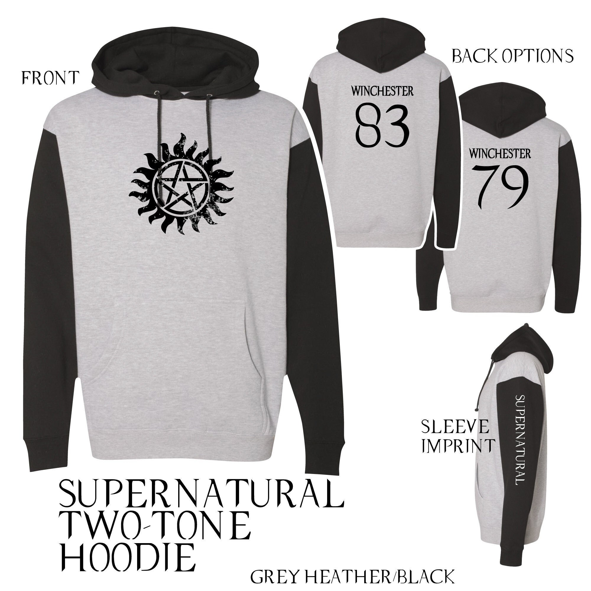 Supernatural Two-Tone Heavyweight Hooded Sweatshirt Dean Winchester Sam Monster Hunter Castiel Angel Demon Hoodie Super Natural