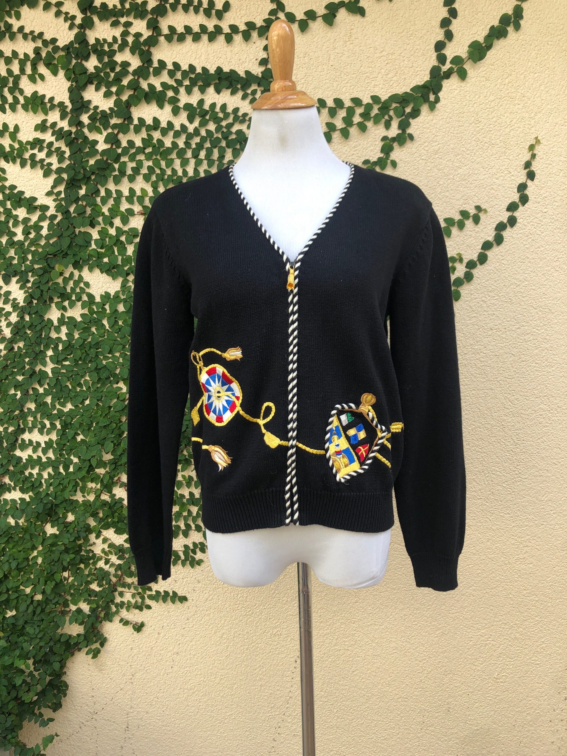 Susan Bristol 1996 Black Knitted Jacket, Zipper Cardigan With Nautical Embroidery & Padded Shoulders