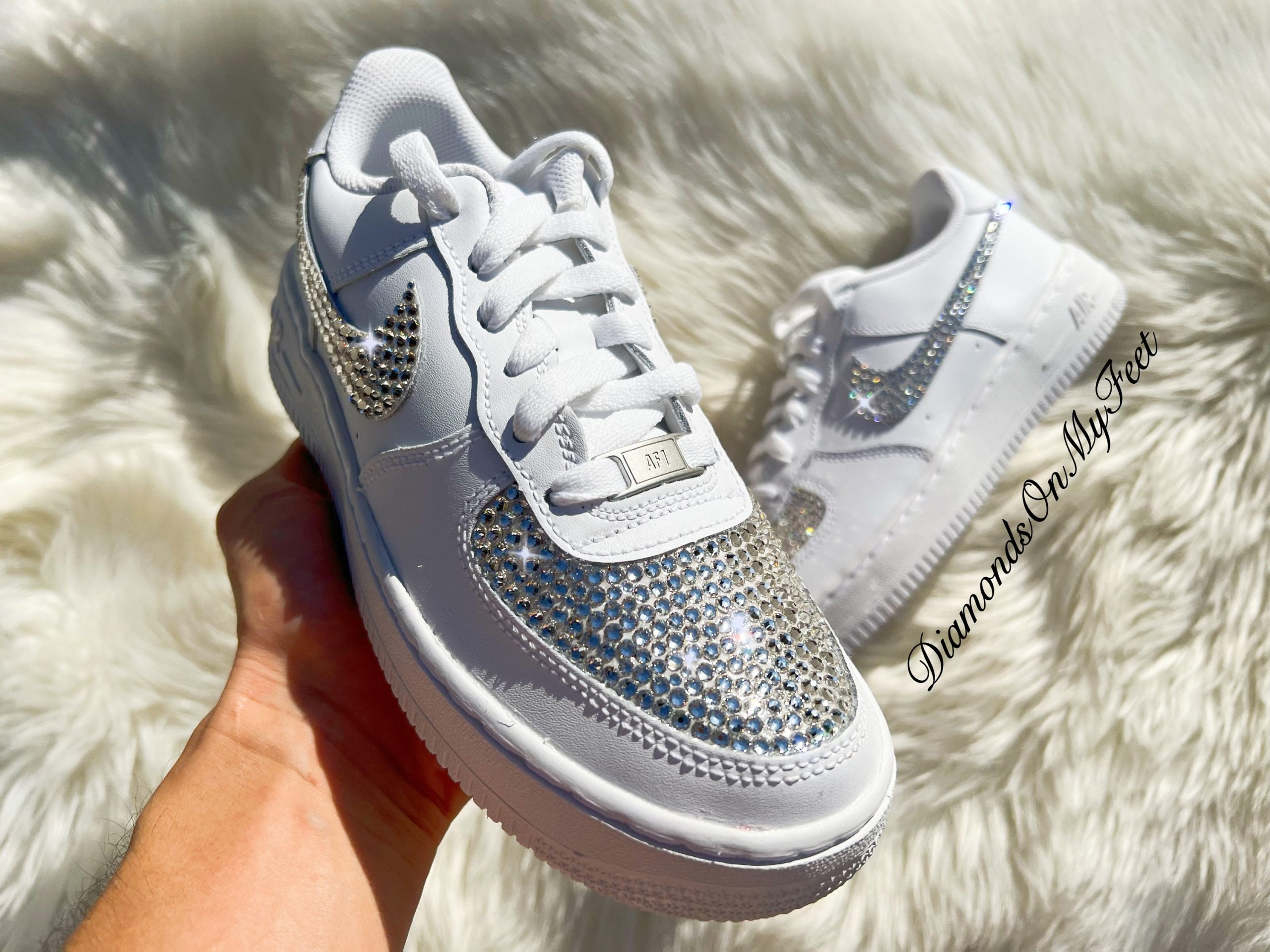 Swarovski Women's Air Force 1 All White Low Platform Sneakers Fully Blinged Out With Authentic Clear Crystals Custom Bling Shoes