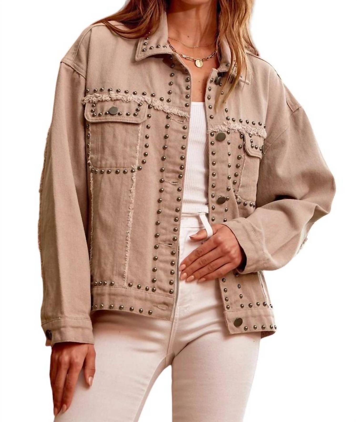 Sweet Like Candy Studded Denim Jacket In Mocha