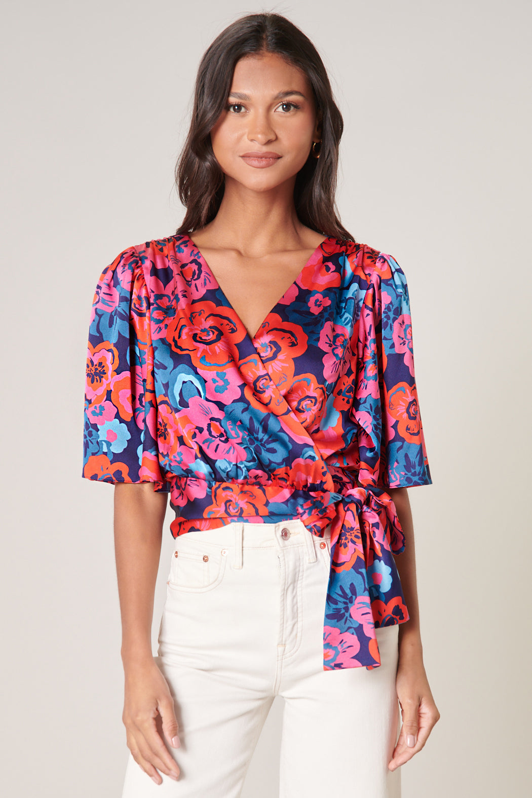 Sweet Romance Satin Flutter Sleeve Wrap Top