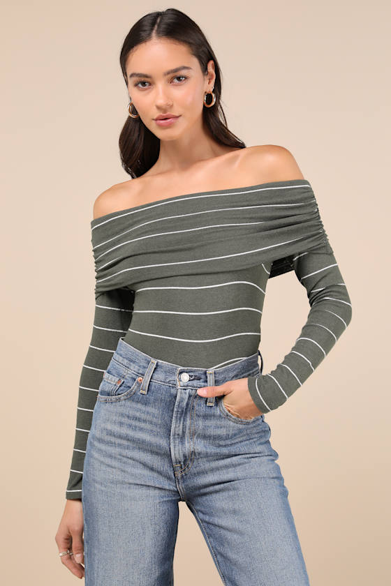 Sweetest Concept Olive Striped Off-the-Shoulder Sweater Top