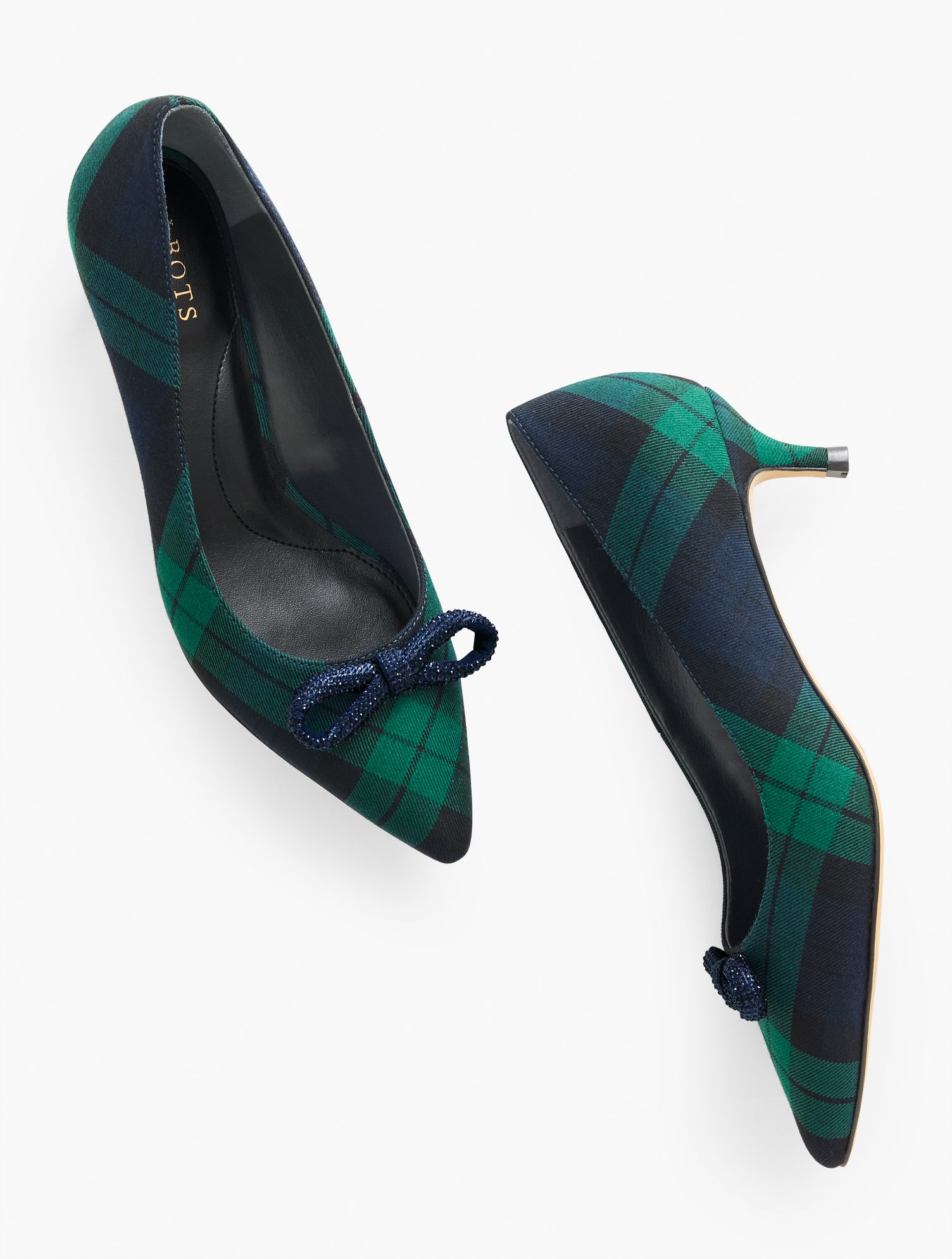 Sylvie Bow Kitten Heel Pumps - Dashing Tartan - Green/Black - 6 1/2 M - 100% Cotton Talbots