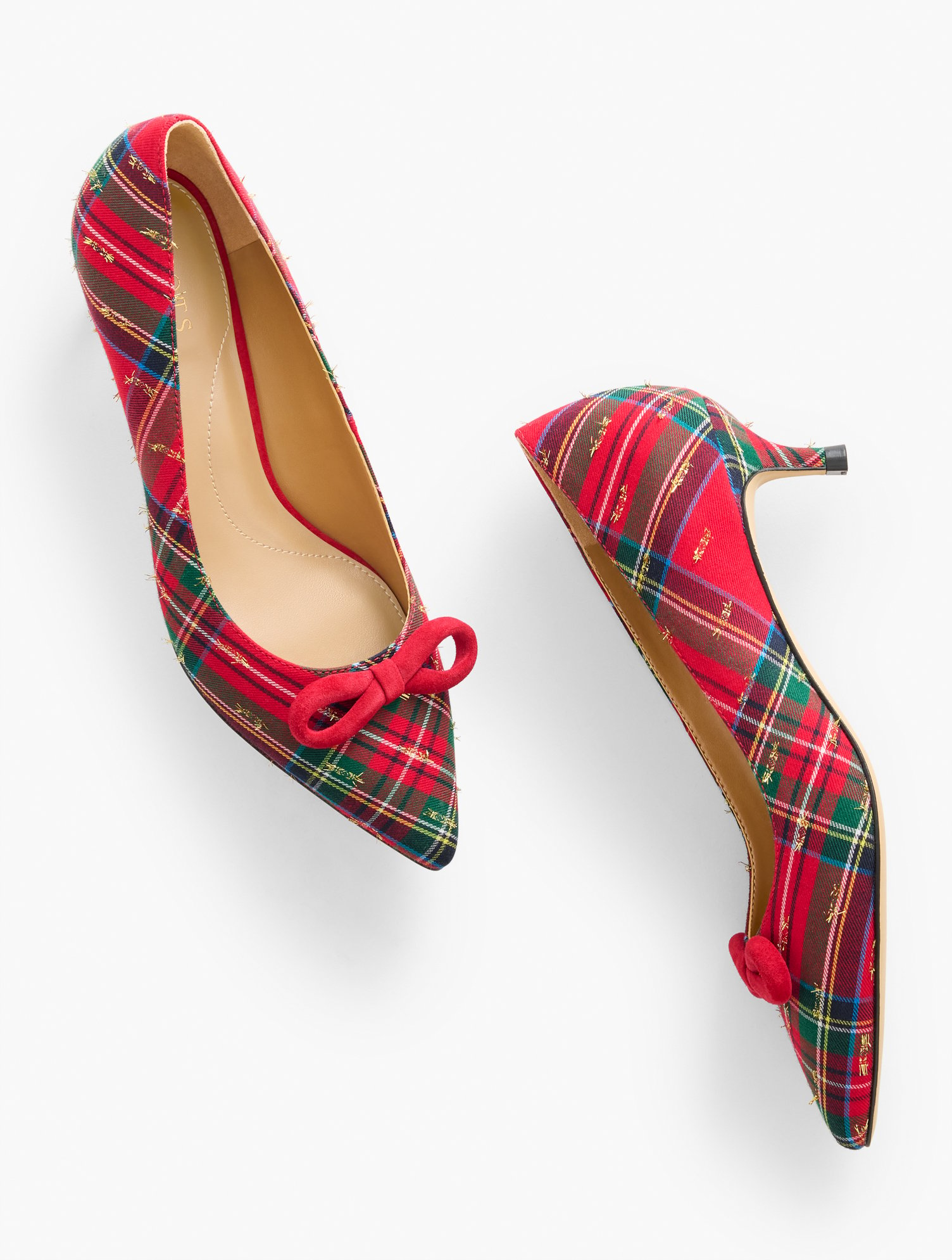 Sylvie Bow Kitten Heel Pumps - Plaid - Red - 7M - 100% Cotton Talbots