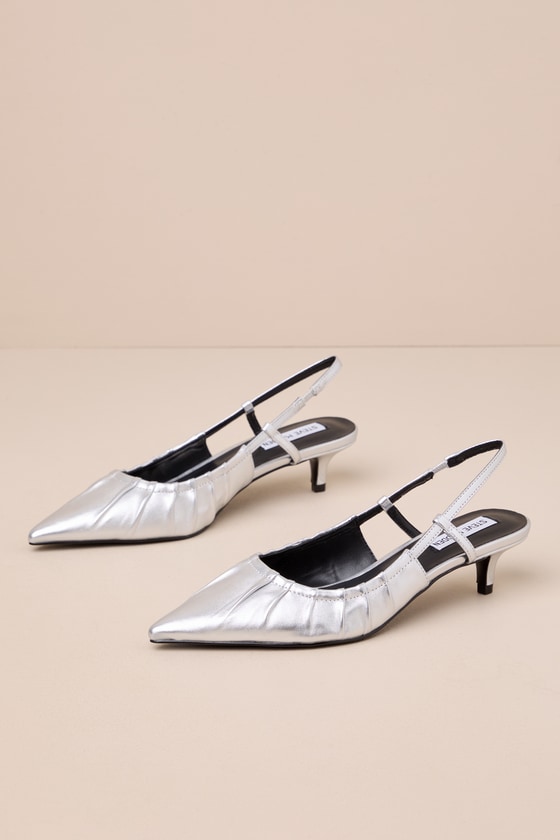 Syrie Silver Leather Pointed-Toe Slingback Kitten Heel Pumps