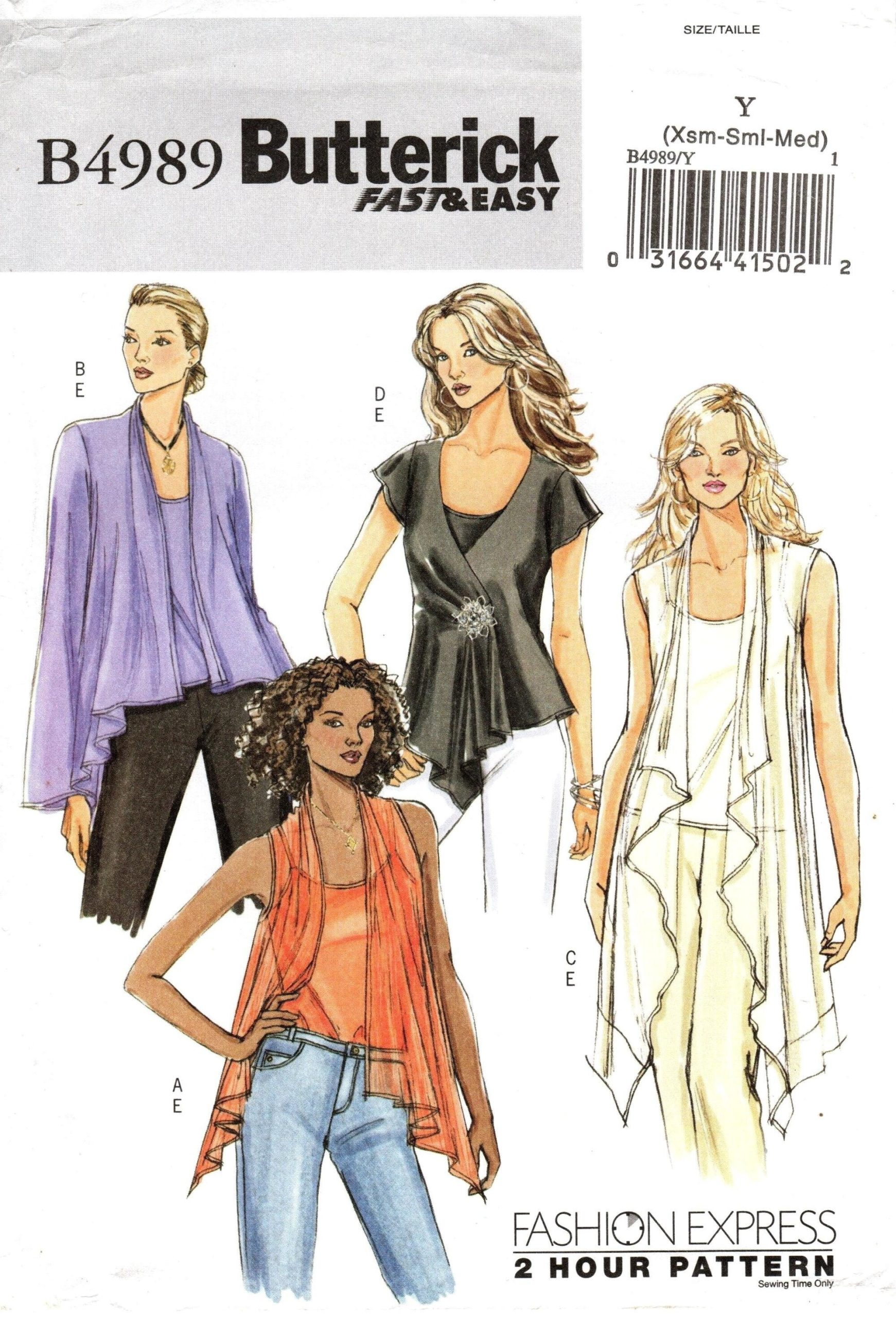 Sz Xsm/Sml/Med - Butterick Pattern B4989 Misses' Waterfall Effect, Loose-Fitting Top in Four Options & Camisole Patterns