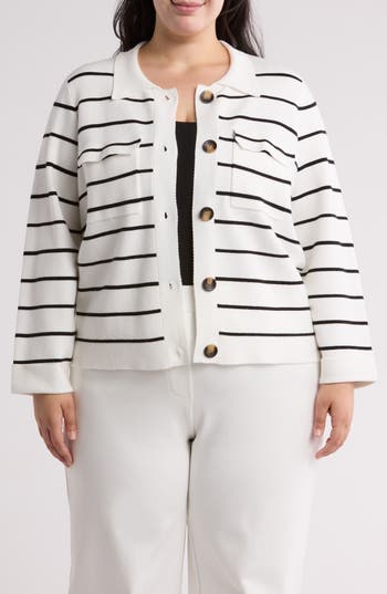 T Tahari Crop Sweater Jacket in Snow Globe/Black Stripe at Nordstrom Rack, Size 1X