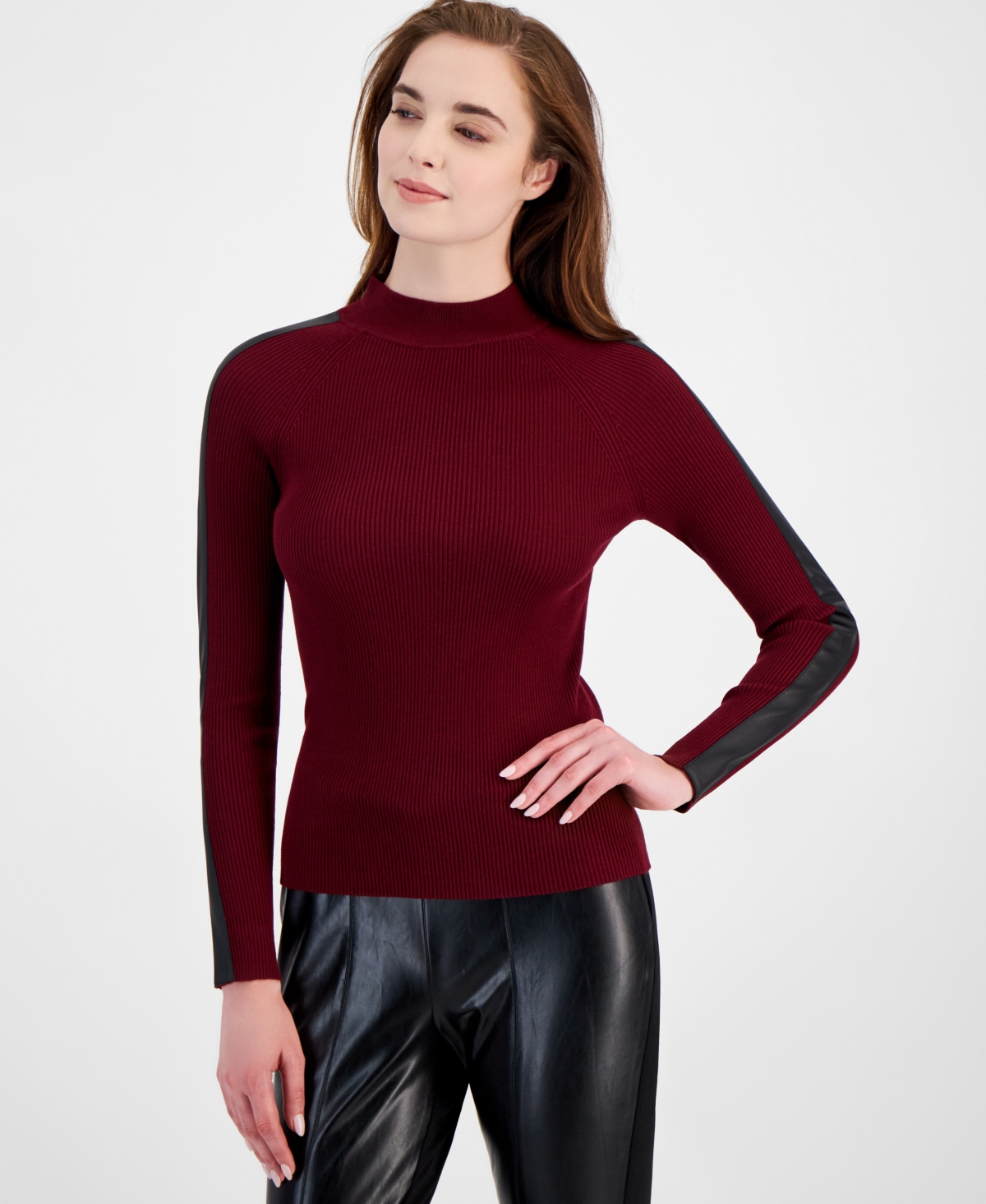 T Tahari Women's Faux-Leather-Trim Ribbed Knit Top - Bordeaux