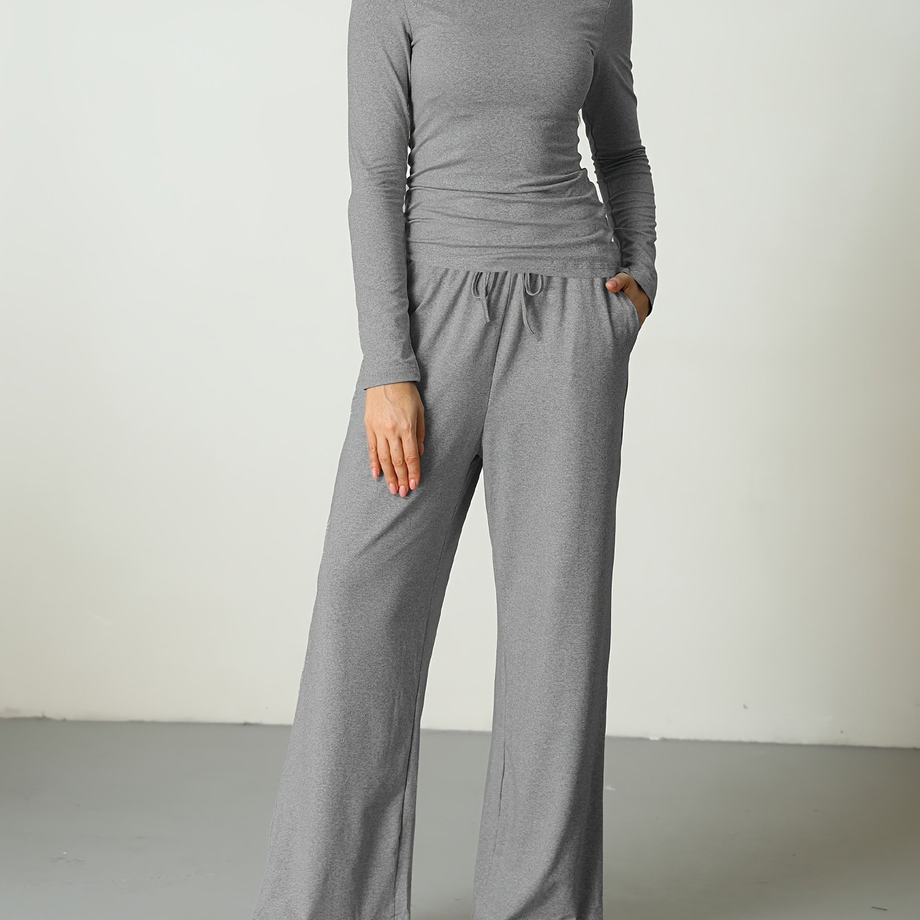 TEMU 1 Set Elegant Polyester Knit Off-the-shoulder Top With Drawstring Waist And Solid Color Wide Leg Pants, 95% Polyester 5% Elastane, Casual Sportswear