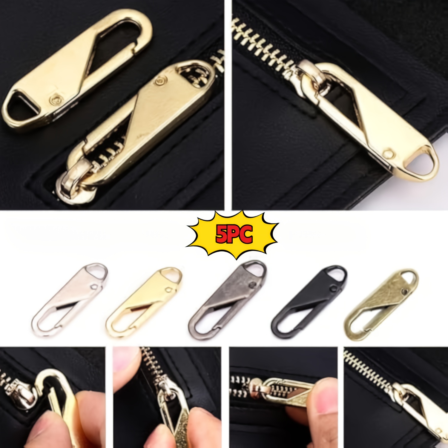 TEMU 5pcs Vintage Style Zipper Repair Kit, Adjustable Sliders, Brushed Metal , No Battery Needed, With Ideal For Prom, Jackets, Backpacks, Luggage, And Clothing Repair