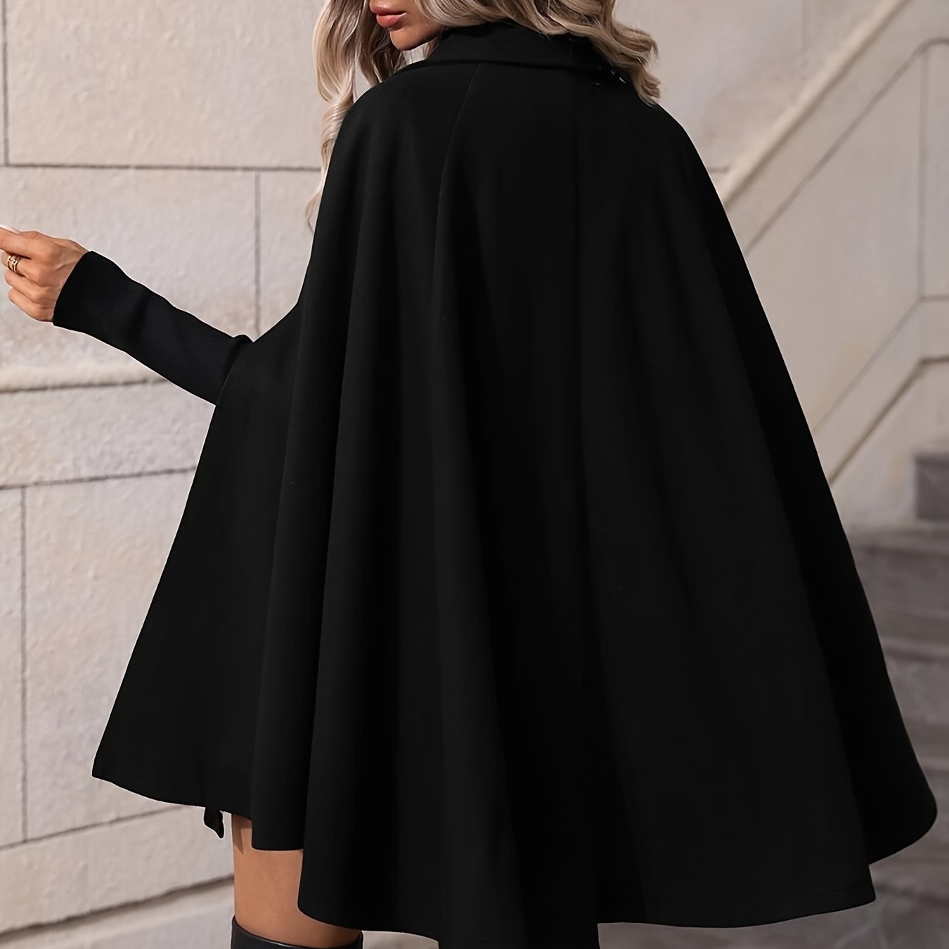 TEMU Chic Double-breasted Cape Coat For Women - Casual Solid Color, Machine Washable, Polyester & Elastane , Fall/winter