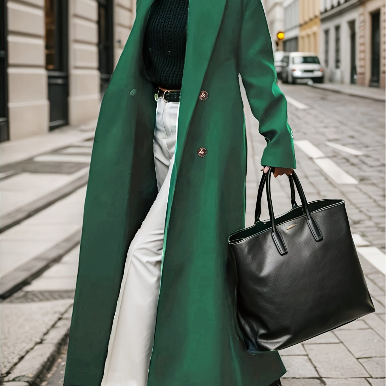 TEMU Elegant Longline Coat For Women - Chic Solid Color, Double-breasted With Lapel Collar, Long Sleeve, Machine Washable - Fall/winter