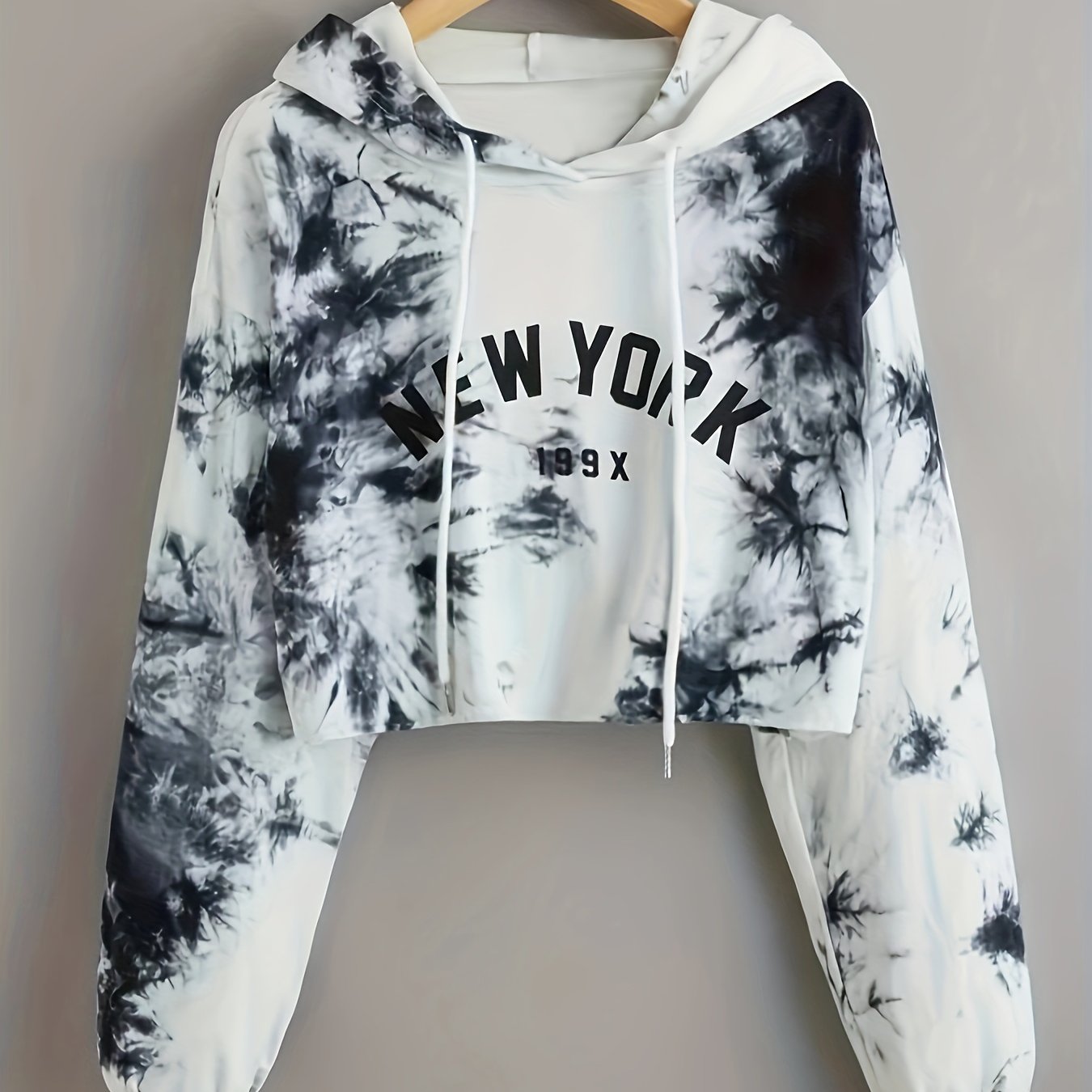 TEMU Tie Dye Crop Hooded Sweatshirt, Letter Print Long Sleeves Drawstring Sports Hoodie, Women's Activewear