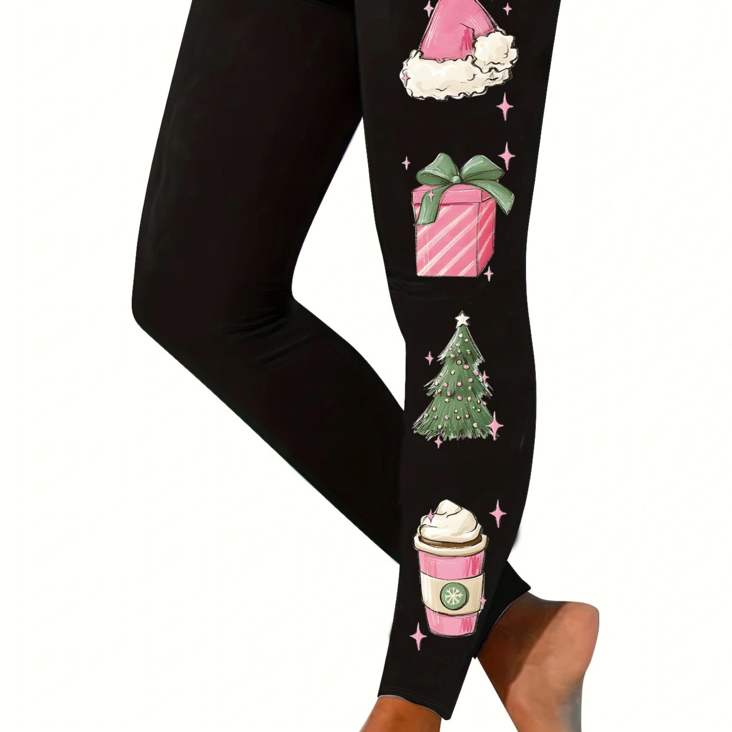 TEMU Women's Christmas Print High-waisted Leggings - Casual Stretchy Knit Fabric Jeggings With Polyester And Spandex (95%/5%) - Holiday Patterns