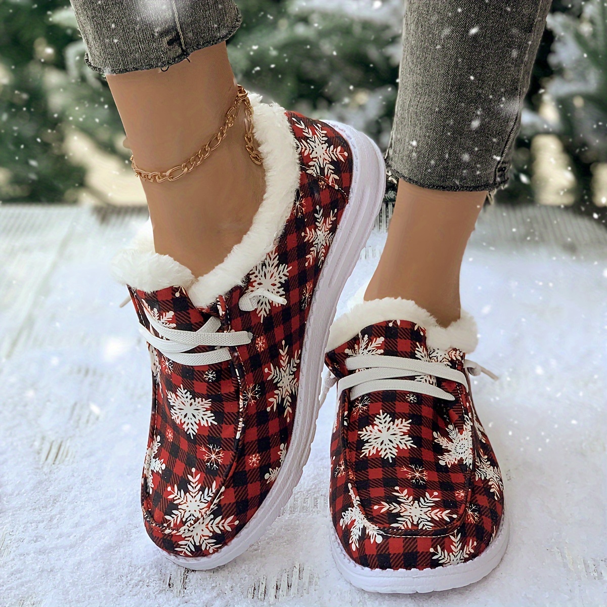 TEMU Women's Christmas Snowflake Pattern Shoes, Plaid Plush Lined Slip On Canvas Shoes, Winter Warm Low Top Loafers