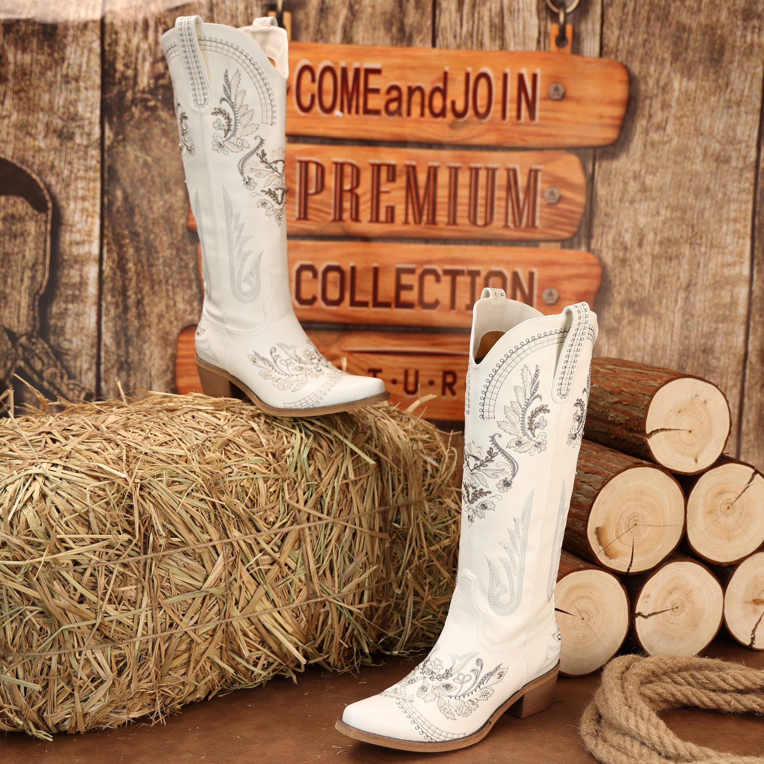 TEMU Women's : Glittering Rhinestone Embellished - Wide Calf Knee-high Cowgirl Boots With Classic Embroidery, Pointed Toe, Zipper & Pull-on - Retro Fashion Tall Style