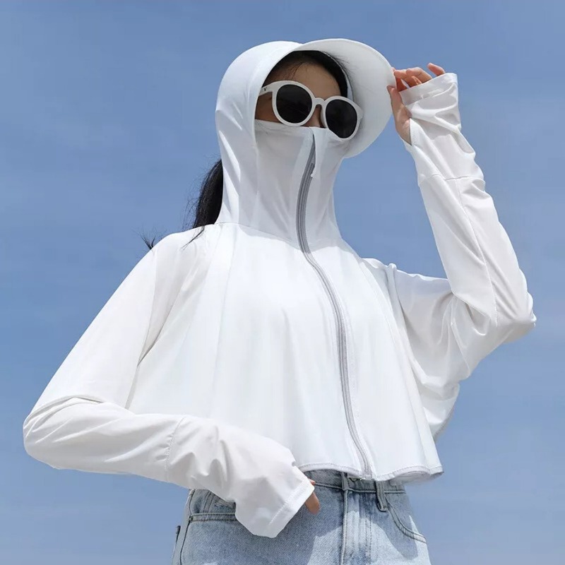 TEMU Women's Uv Protection Ice Silk Outdoor Jacket, Summer Sun Protection Cape Coat, Wide Brim Hood, Breathable Loose, Women's Sun Hat And Cool Sleeves Set, Great For Fishing, Cycling And Running