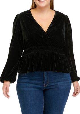 TRUE CRAFT Women's Plus Size Long Sleeve Velvet Surplice Knit Top, Black, 0X