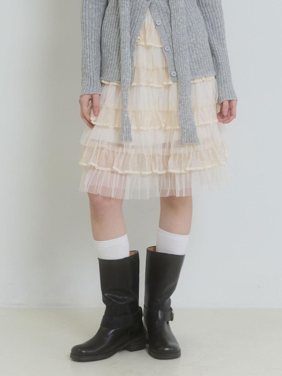 TWILIGHT VELVET TIERED SKIRT_LIGHT BEIGE